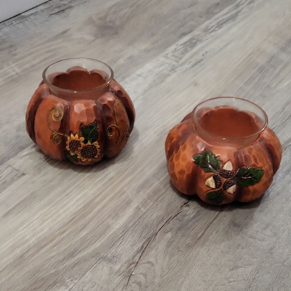 Source Unknown Pumpkin Glass Candle Holders - Orange and Brown
